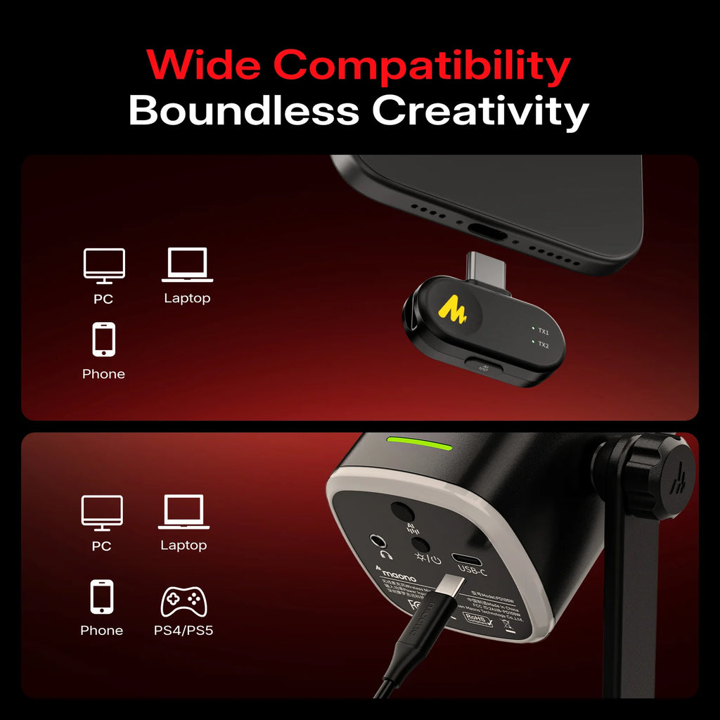 MAONO PD100W USB Wireless Dynamic Microphone Cardioid Mic 50m Range One-Touch Noise Reduction RGB for PC Gaming Live Streaming
