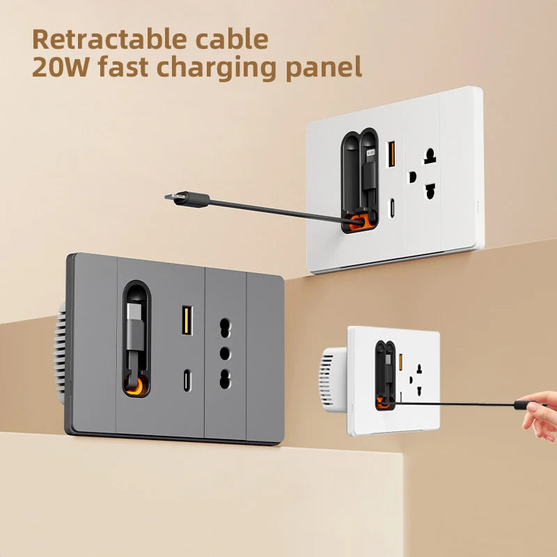 118 Type Brazil Socket Panel with Retractable Cable 20W USB Fast Charging Multi-hole Type-C Wall Socket for Market