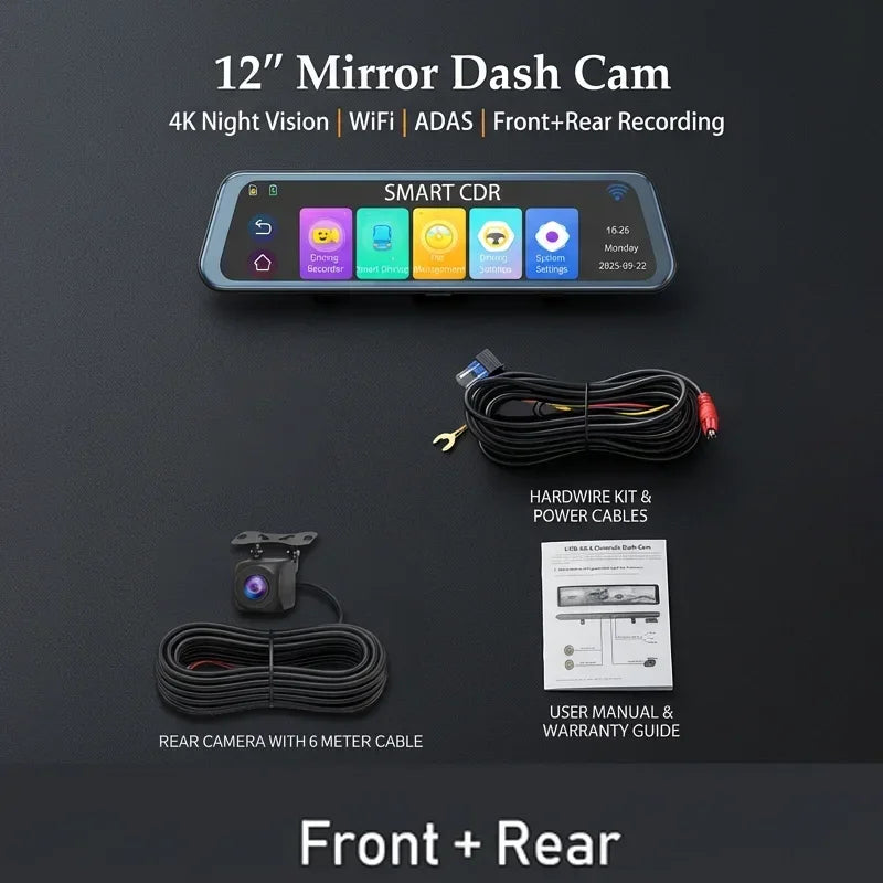 4K Super HD Dash Cam BSD ADAS Car Rearview Mirror Blind Spot Detection Loop Recording 1080P Rear Camera  Video Recorde 12 Inch