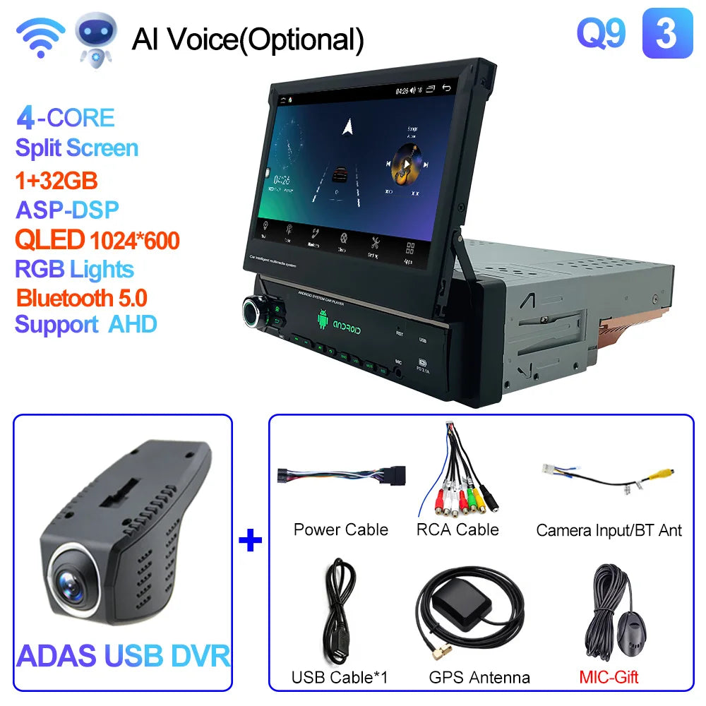 CAIXI Android 13 Auto 1Din Multimedia Player 7'' Universa Retractable Screen Car Radio MP5 GPS Navigation Carplay 1 DIN Stereo