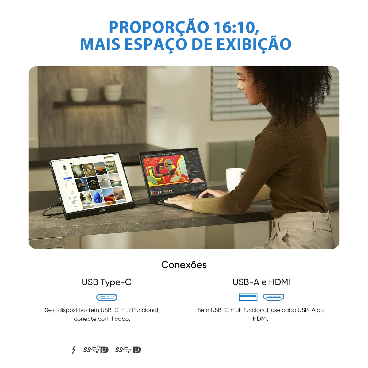 ARZOPA 16inch 2K Portable Monitor 16:10 IPS Screen with Type-C Mini HDMI Second Display for MAC/Laptop/PC/Xbox/PS4/5/Switch,Z1RC