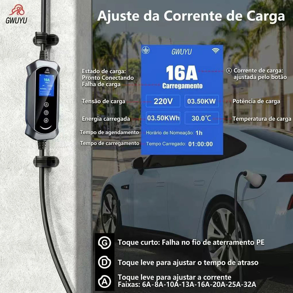 GWUYU Portable EV Charger Type2 7kW 32A Adjustable Current Delay Charging 2.8 Inch LCD Screen EVSE for Electric Car
