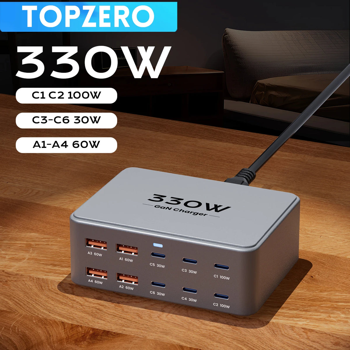 330W GaN USB C Charger 10-Port Desktop Charger Type C 100W PD3.0 PPS QC3.0 Fast Charging for MacBook Tablet Samsung iPhone 15 16