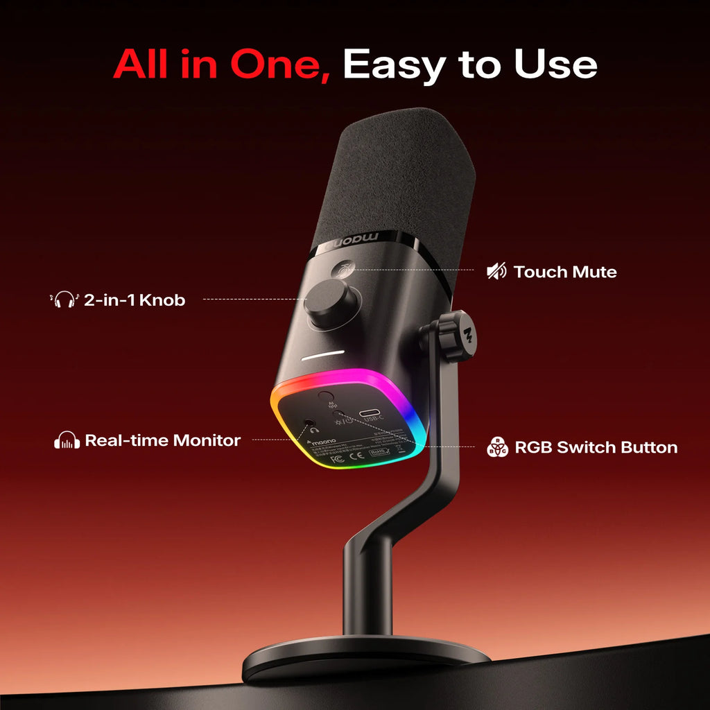 MAONO PD100W USB Wireless Dynamic Microphone Cardioid Mic 50m Range One-Touch Noise Reduction RGB for PC Gaming Live Streaming