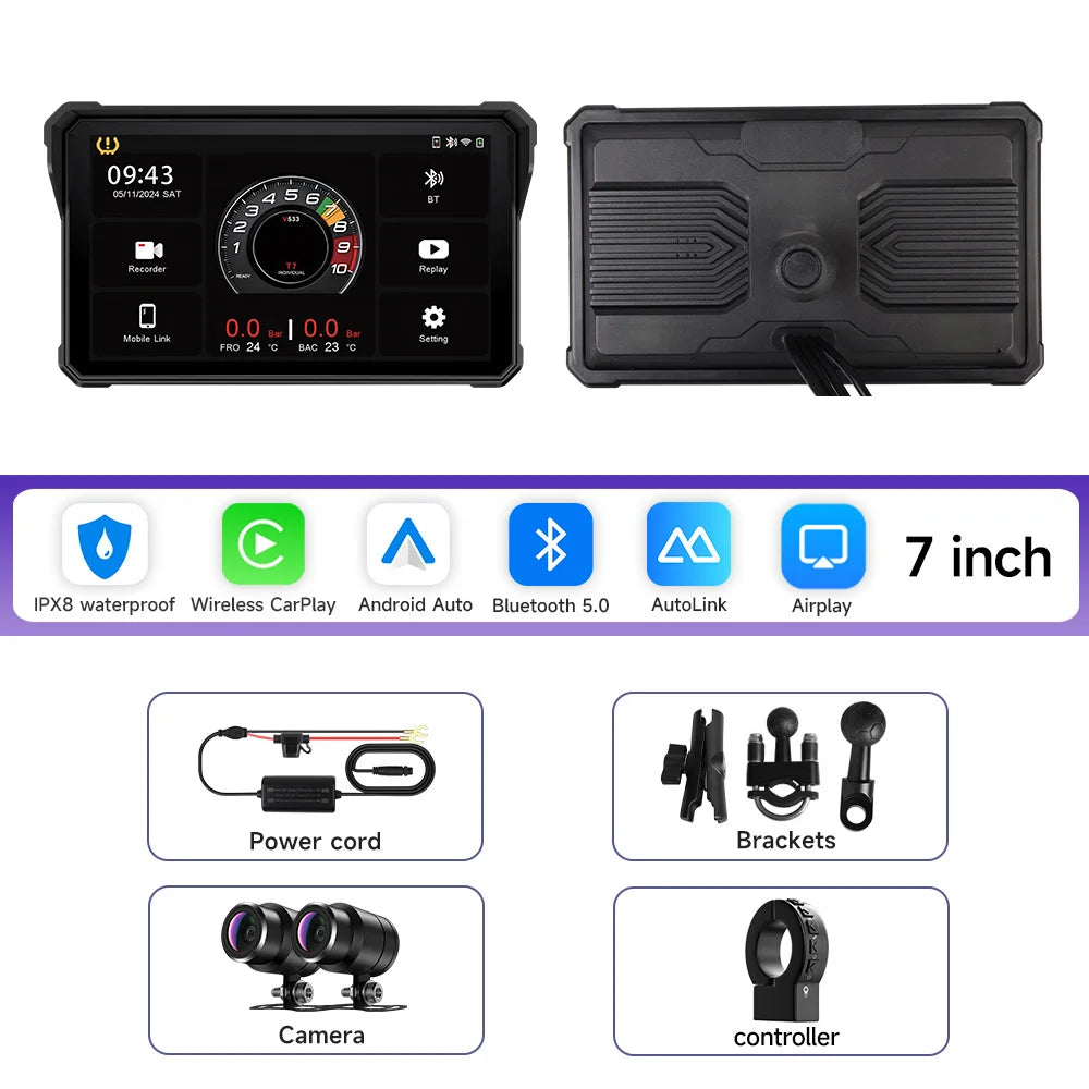 7 Inch Motorcycle Multimedia Player IP67 Waterproof GPS Navigation Recorder Wireless CarPlay Android Auto Touch Screen Bluetooth