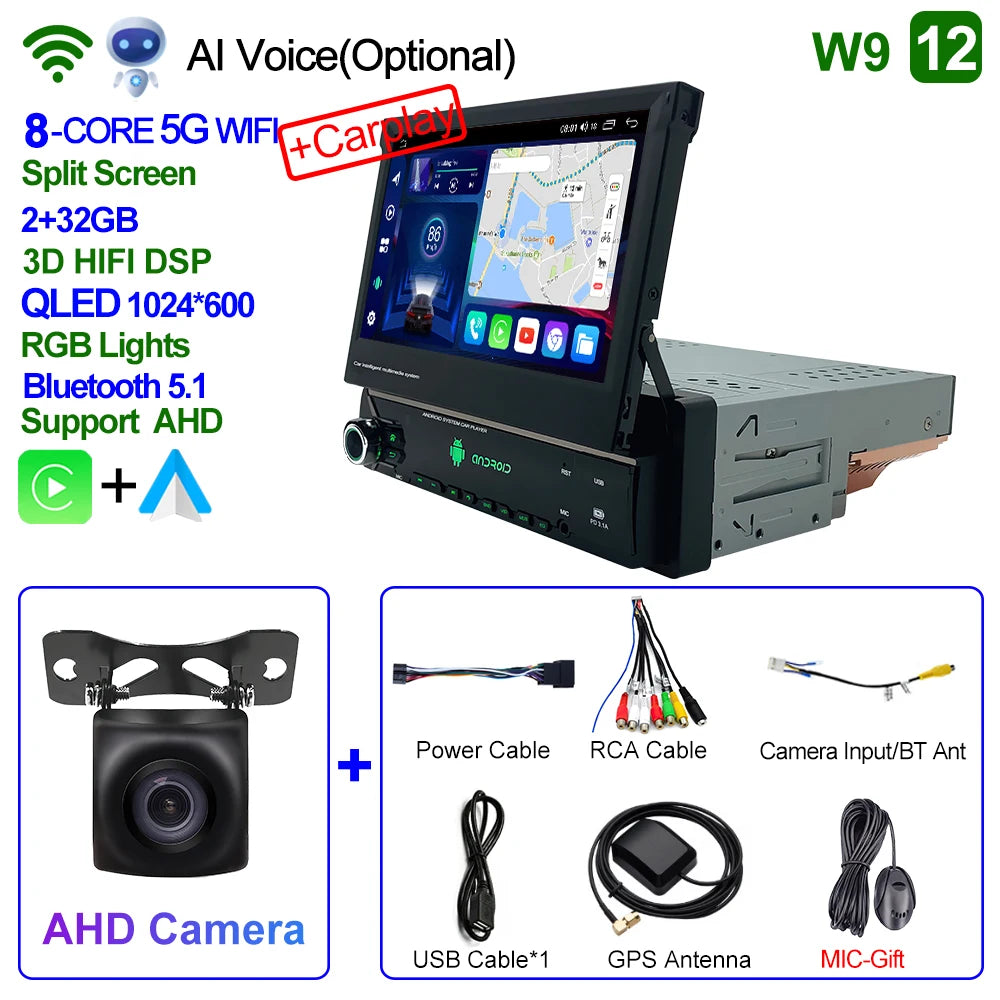 CAIXI Android 13 Auto 1Din Multimedia Player 7'' Universa Retractable Screen Car Radio MP5 GPS Navigation Carplay 1 DIN Stereo
