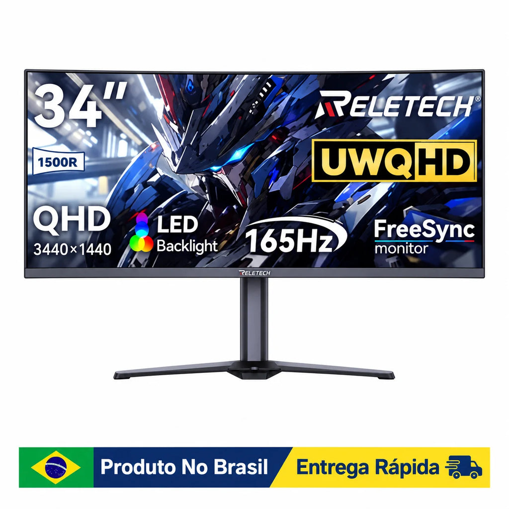 Reletech 34" Ultrawide Gaming Monitor UWQHD 3440x1440 165Hz 1500R Curved VA 21:9 4000:1 HDMI DP