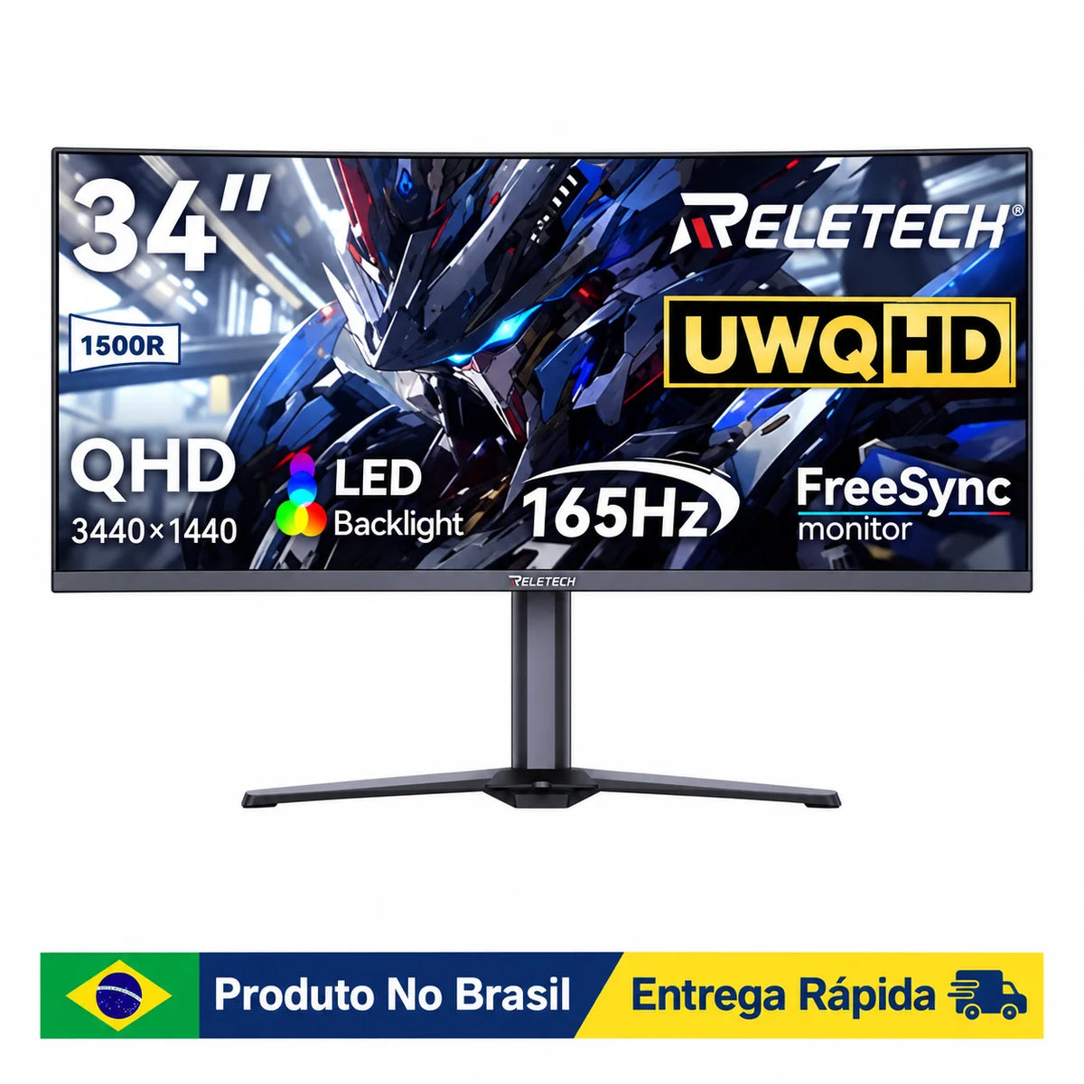 Reletech 34" Ultrawide Gaming Monitor UWQHD 3440x1440 165Hz 1500R Curved VA 21:9 4000:1 HDMI DP